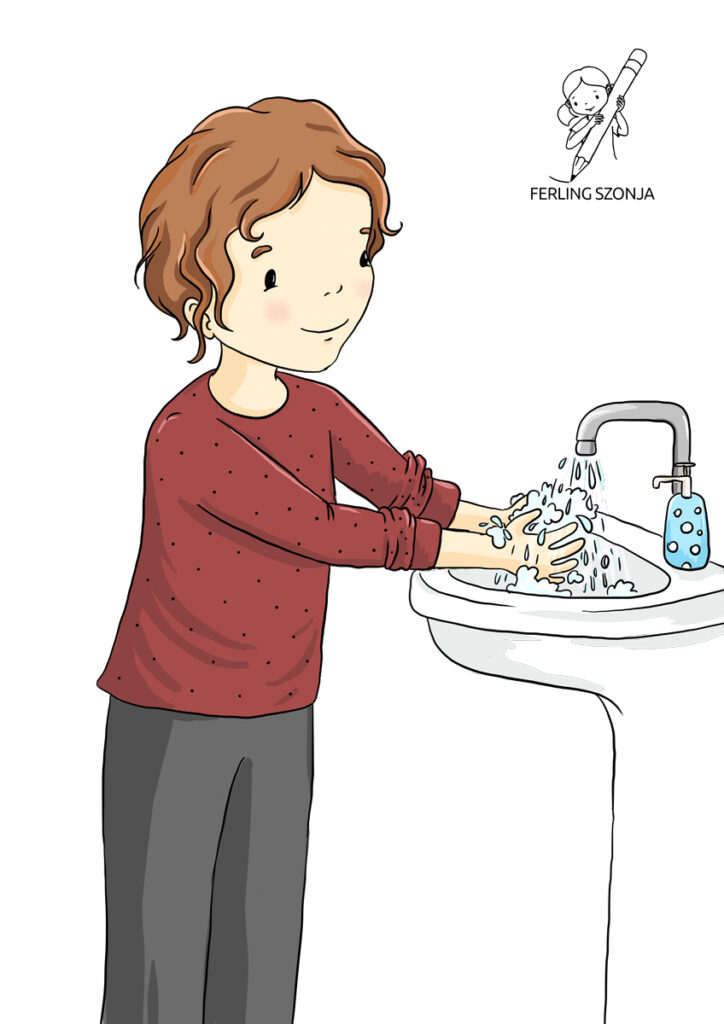 Speciális illusztrációk autizmussal élő kislány számára: "A kislány kezet mos"
